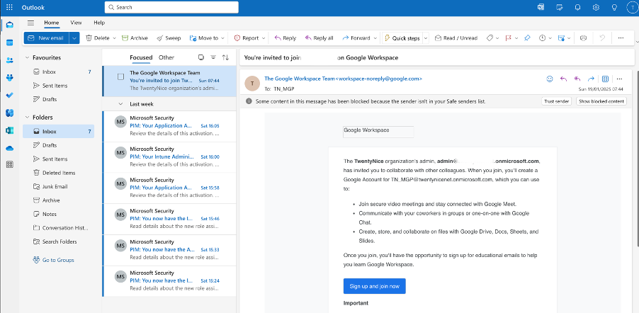 "Email received by the administrator containing the invitation to join the Google Admin Console."