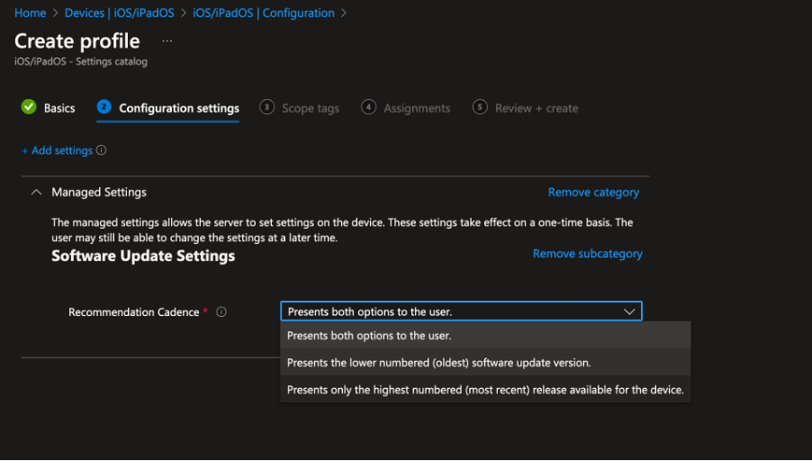 Recommendation Cadence Options: A screenshot of the Recommendation Cadence setting within Intune, displaying the three configuration options available.