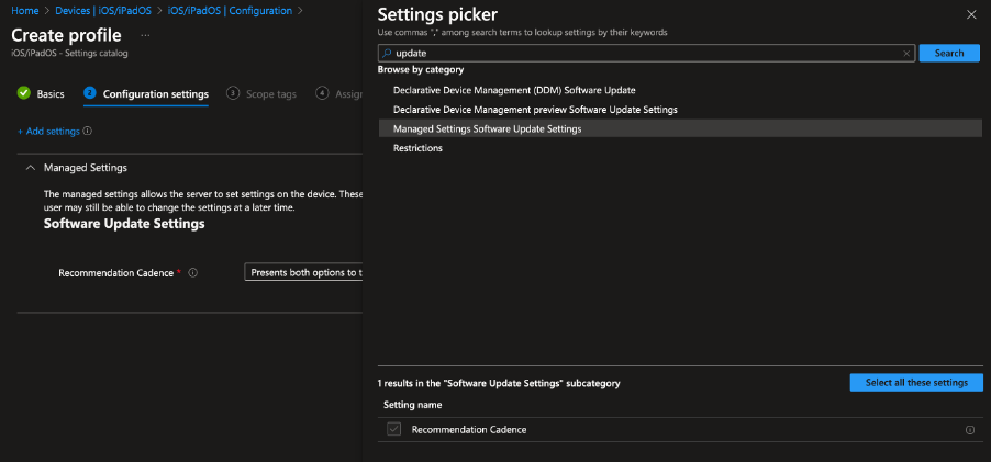 Managed Settings Software Update Settings: An image displaying the search results in the settings picker for "Managed Settings Software Update Settings," highlighting the Recommendation Cadence option.