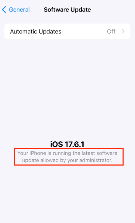 Device Software Update Message: An example message on an iOS device in the "Software Update" section, indicating the applied Recommendation Cadence policy and showing the availability of updates.