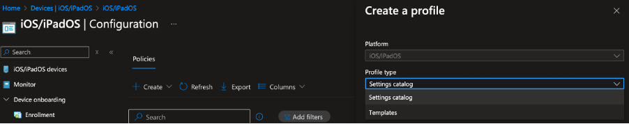 Intune Configuration Settings Catalog: A screenshot showing the Microsoft Intune admin center with the pathway to access the settings catalog for iOS/iPadOS device configuration.