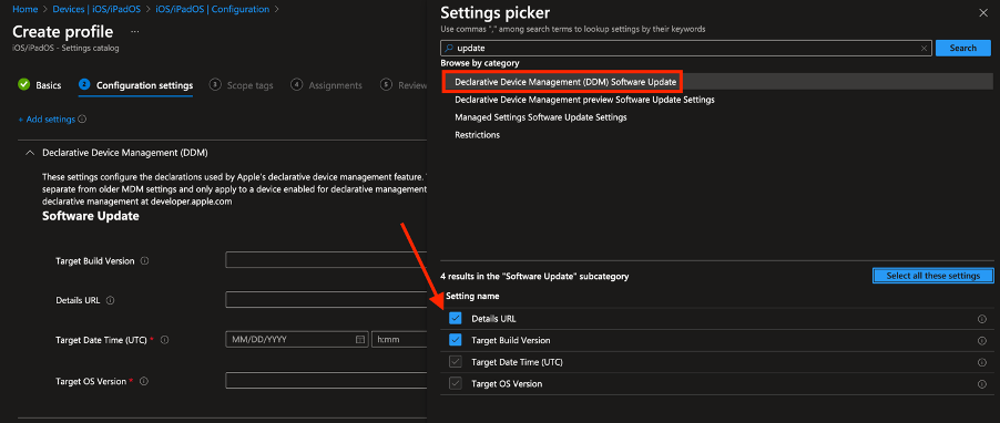 "Screenshot showing the configuration process for setting up DDM Software Update in Microsoft Intune, including steps to name the policy, specify target date/time, OS version, build number, and optional details URL."