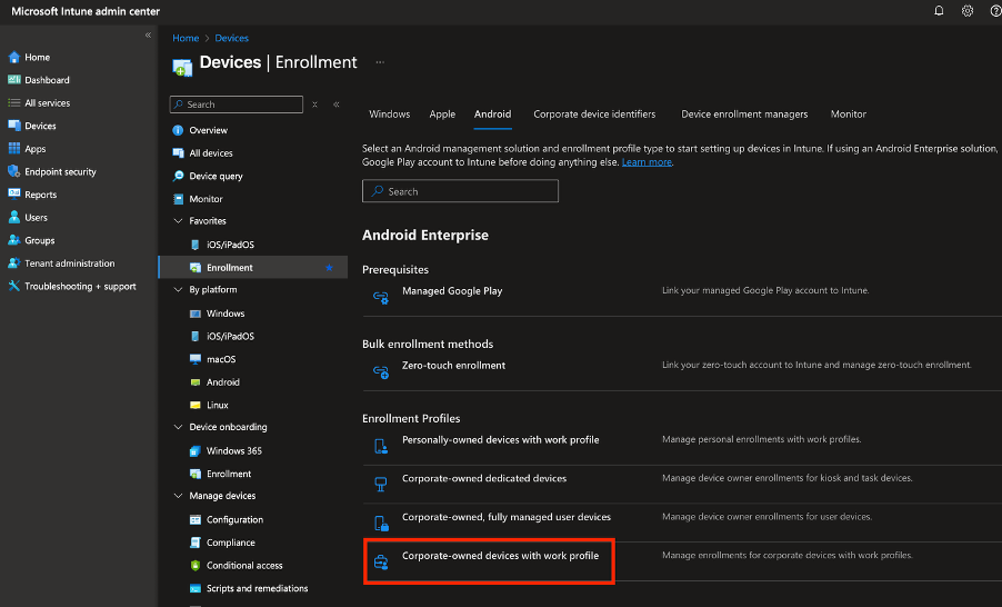 Screenshot of Android Enrollment section in Intune, highlighting Corporate-owned devices with work profile 
