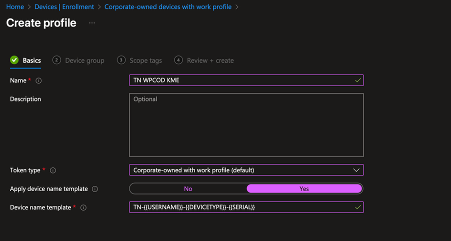 Screenshot of Intune settings for Android Enterprise enrollment, showing different management modes