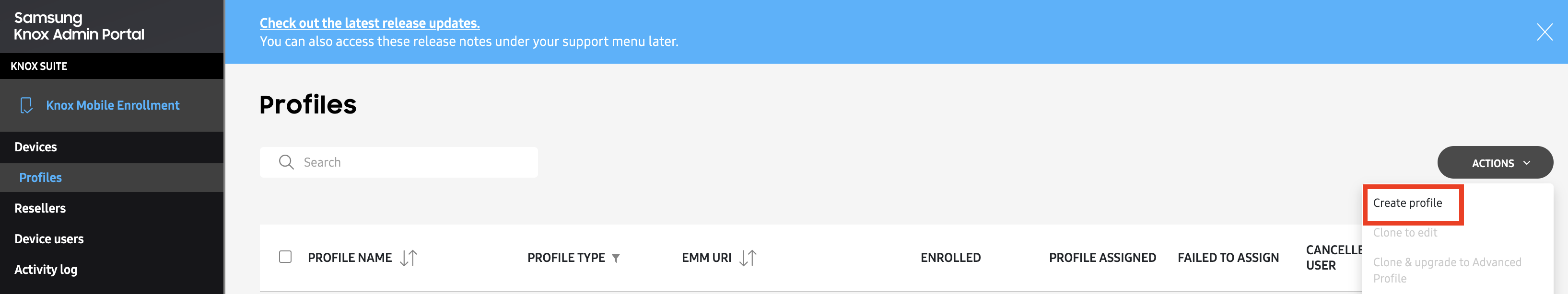 Screenshot of Samsung Knox Mobile Enrollment (KME) portal, showing device enrollment profiles