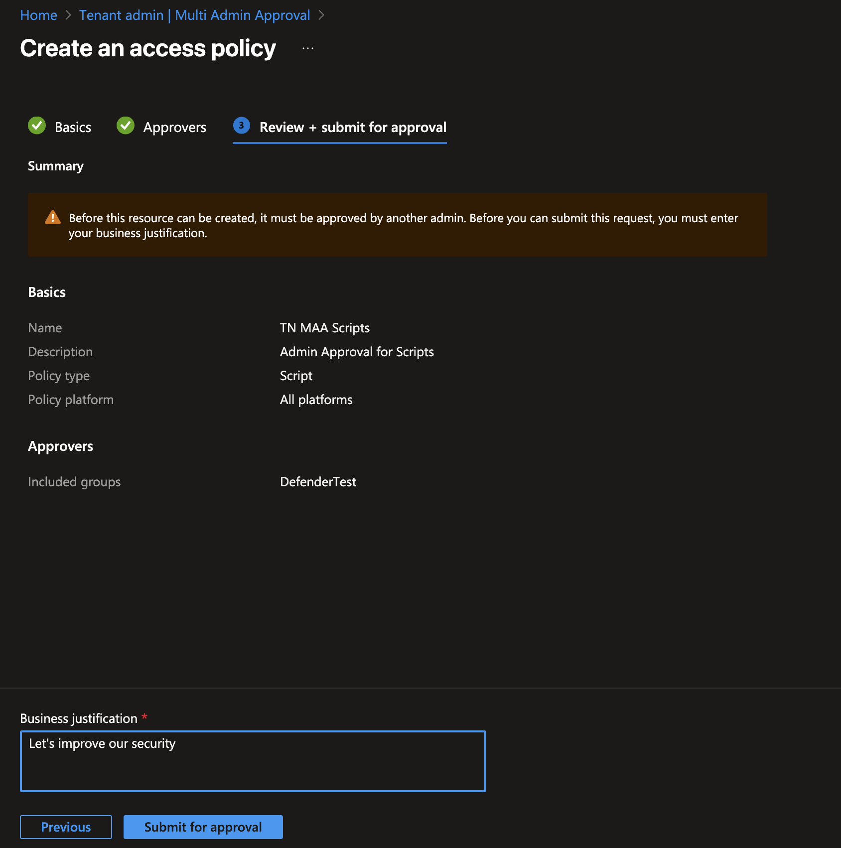 Screenshot of Intune Multi Admin Approval policy review and submission step, showing policy details and business justification.