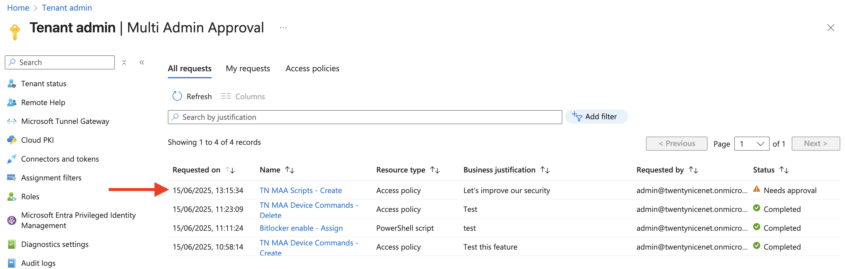 Screenshot of Intune Multi Admin Approval 'All requests' dashboard, highlighting a pending script access policy request.