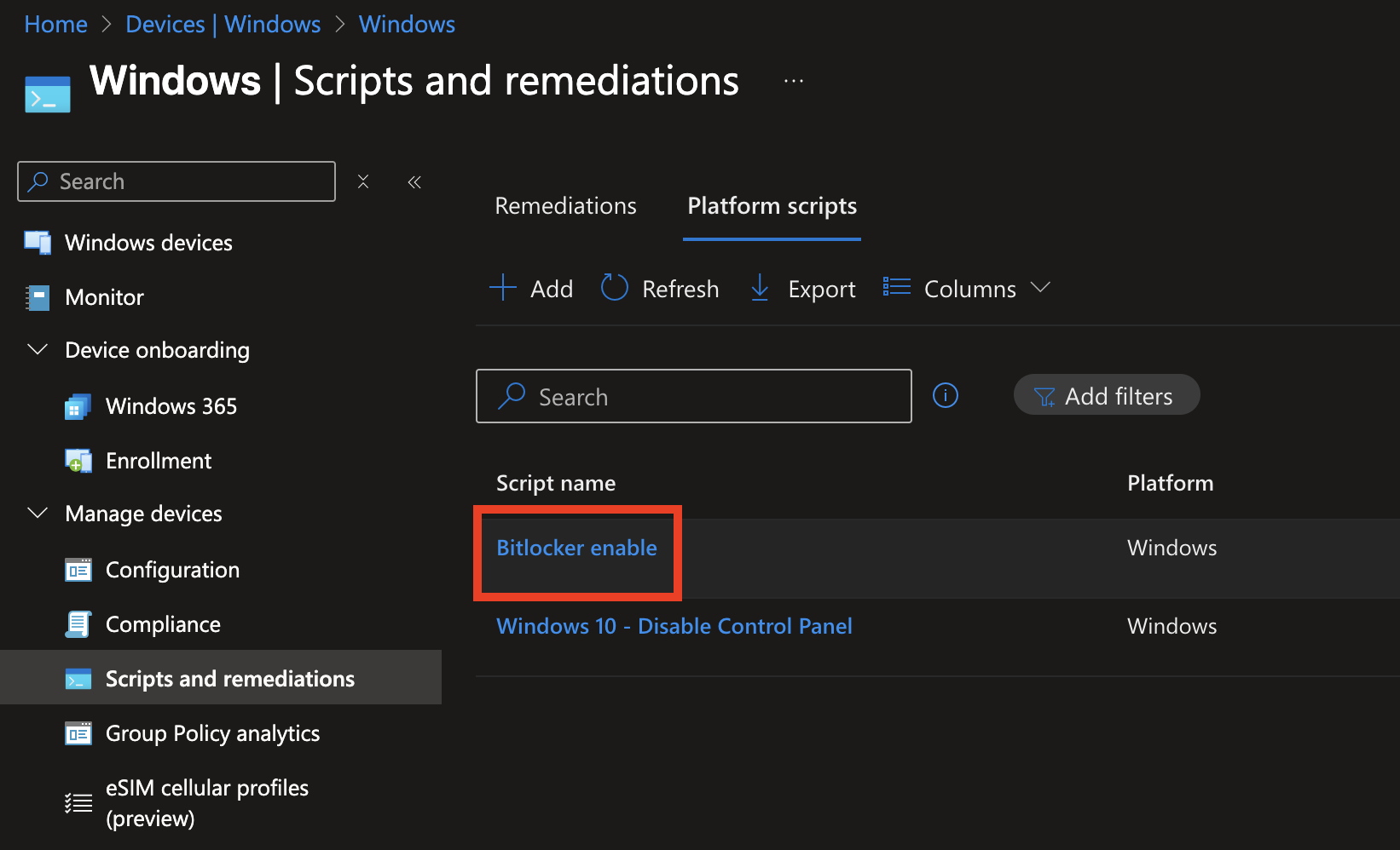 Screenshot of Intune 'Scripts and remediations' showing the 'Bitlocker enable' PowerShell script.