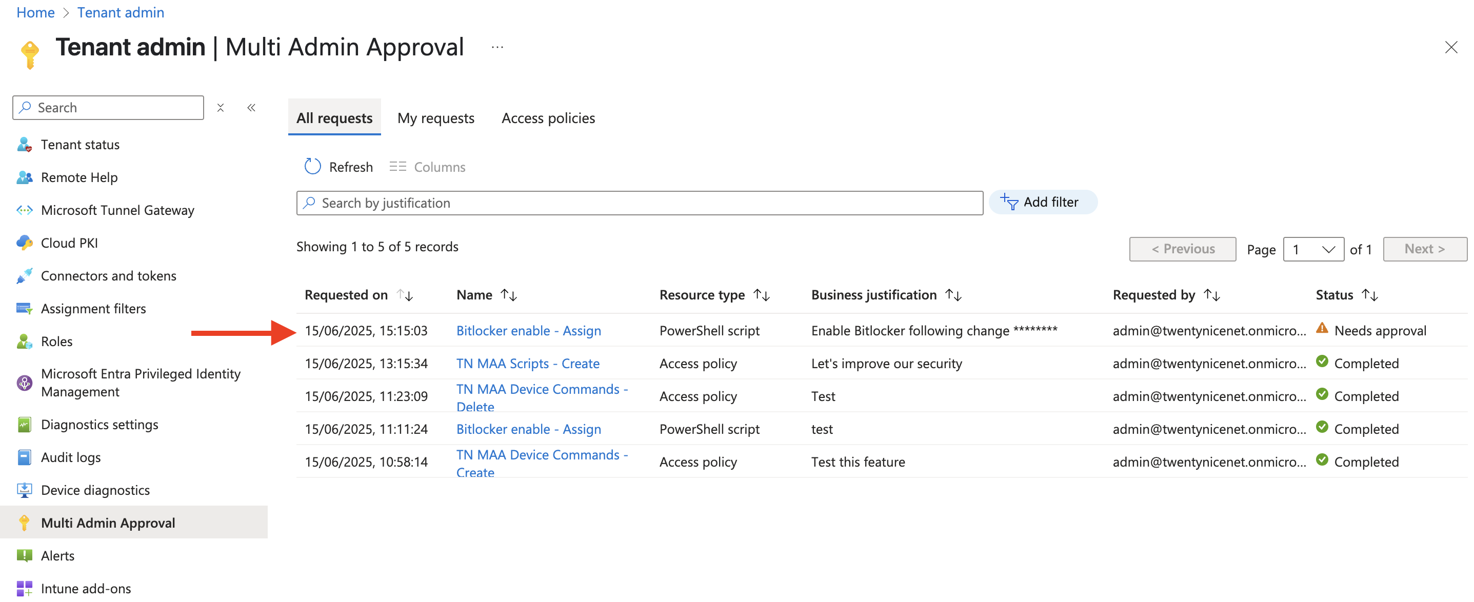 Screenshot of Intune Multi Admin Approval 'All requests' list, highlighting a PowerShell script awaiting approval.