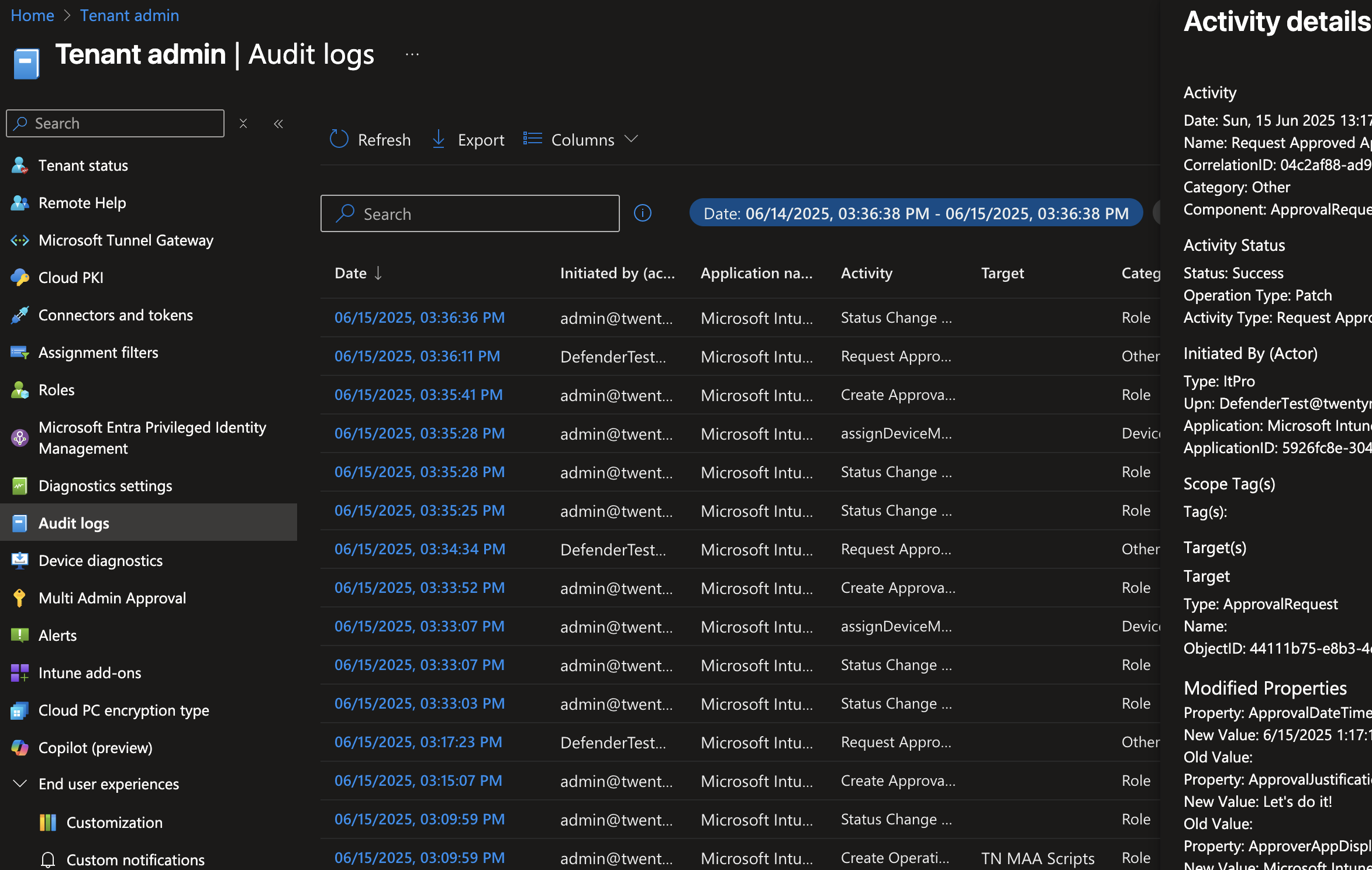 Screenshot of Intune Audit logs showing a record of multi-admin approval requests and creation activities.