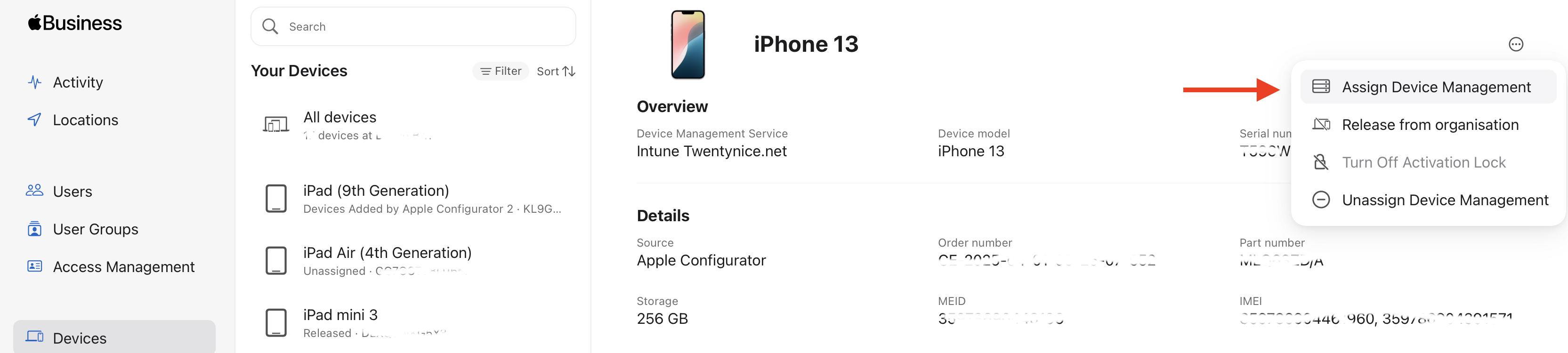 Device menu in Apple Business Manager showing options to manage and assign a device to an MDM server