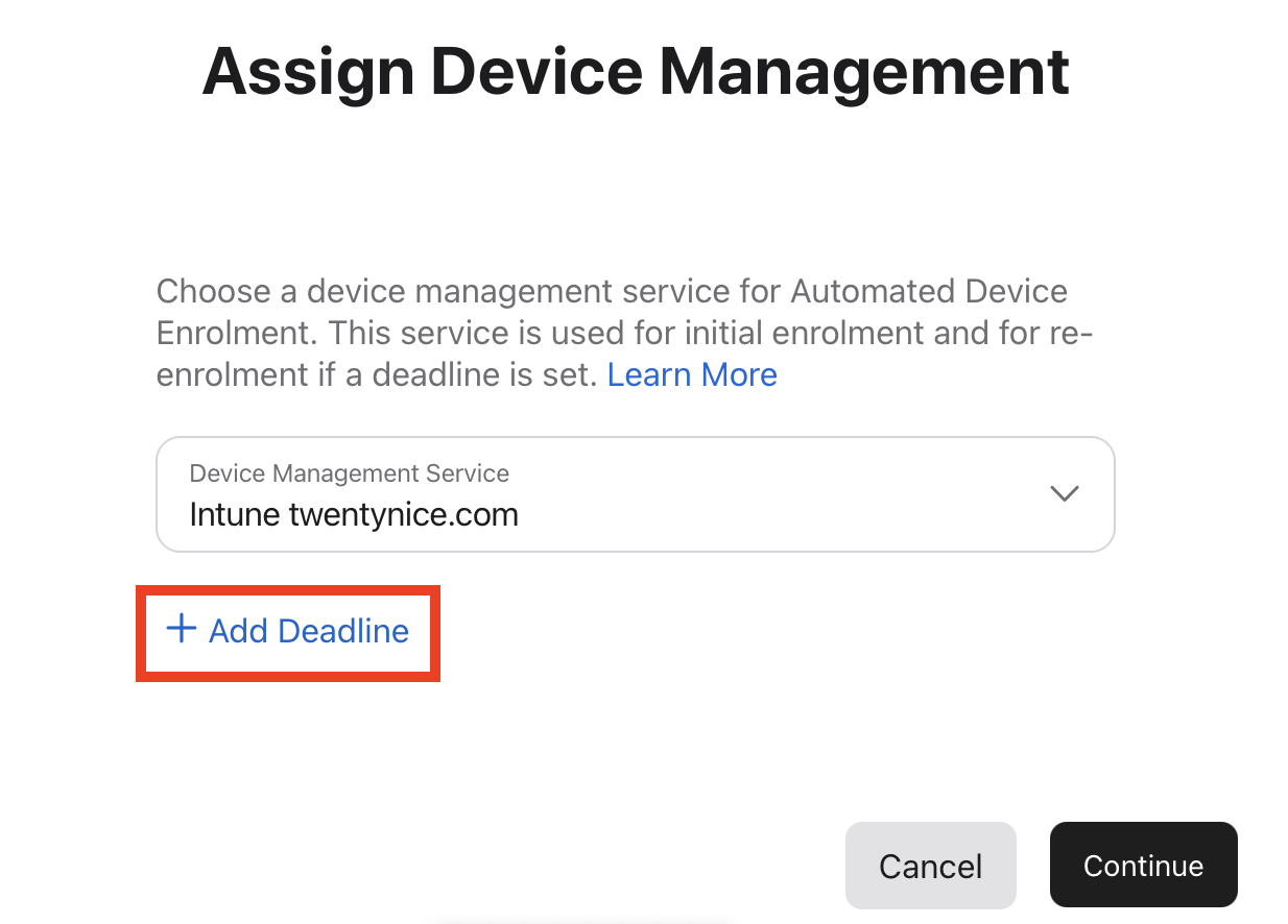 Setting the enrollment deadline in Apple Business Manager to configure when automatic enrollment is enforced.