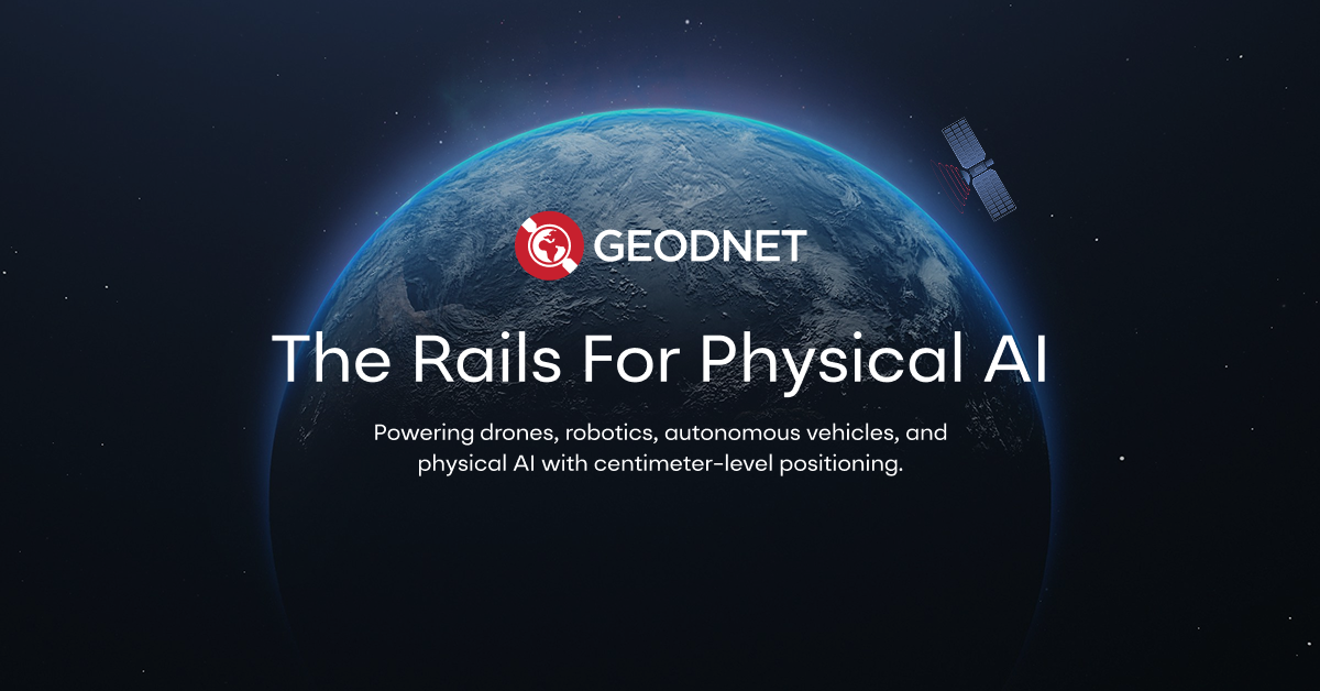 GEODNET Earth-and-satellite graphic describing centimeter positioning for Physical AI.