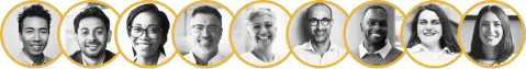 Headshots of nine diverse smiling professionals arranged in a horizontal row with yellow circular borders.