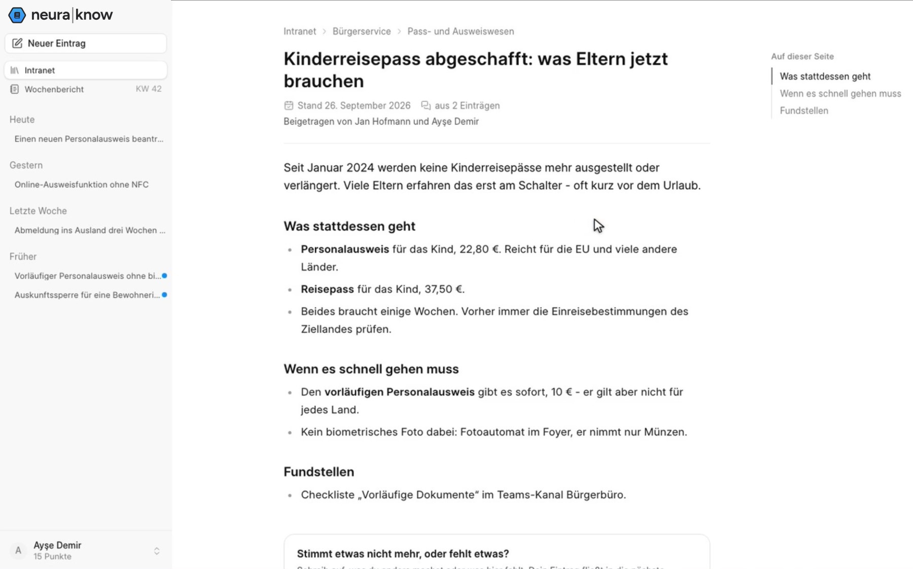 Intranet-Artikel in neuraknow: Kinderreisepass abgeschafft