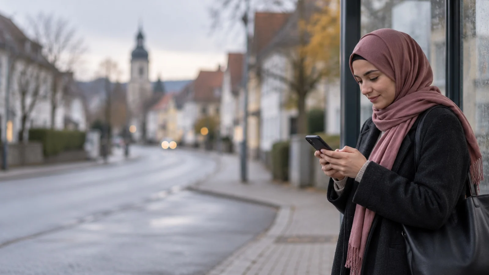Bürgerin liest unterwegs auf dem Smartphone, mit neurasimple in Einfacher Sprache