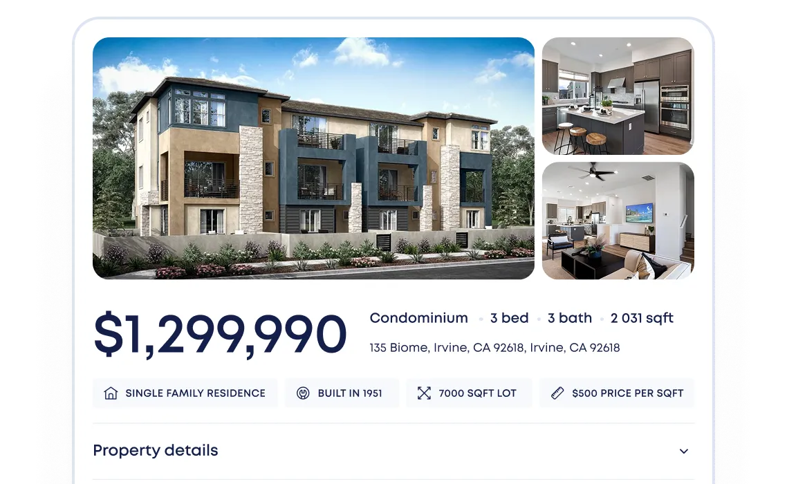 Condominium listing, Irvine, CA, with exterior and interior views, 3 bed, 3 bath