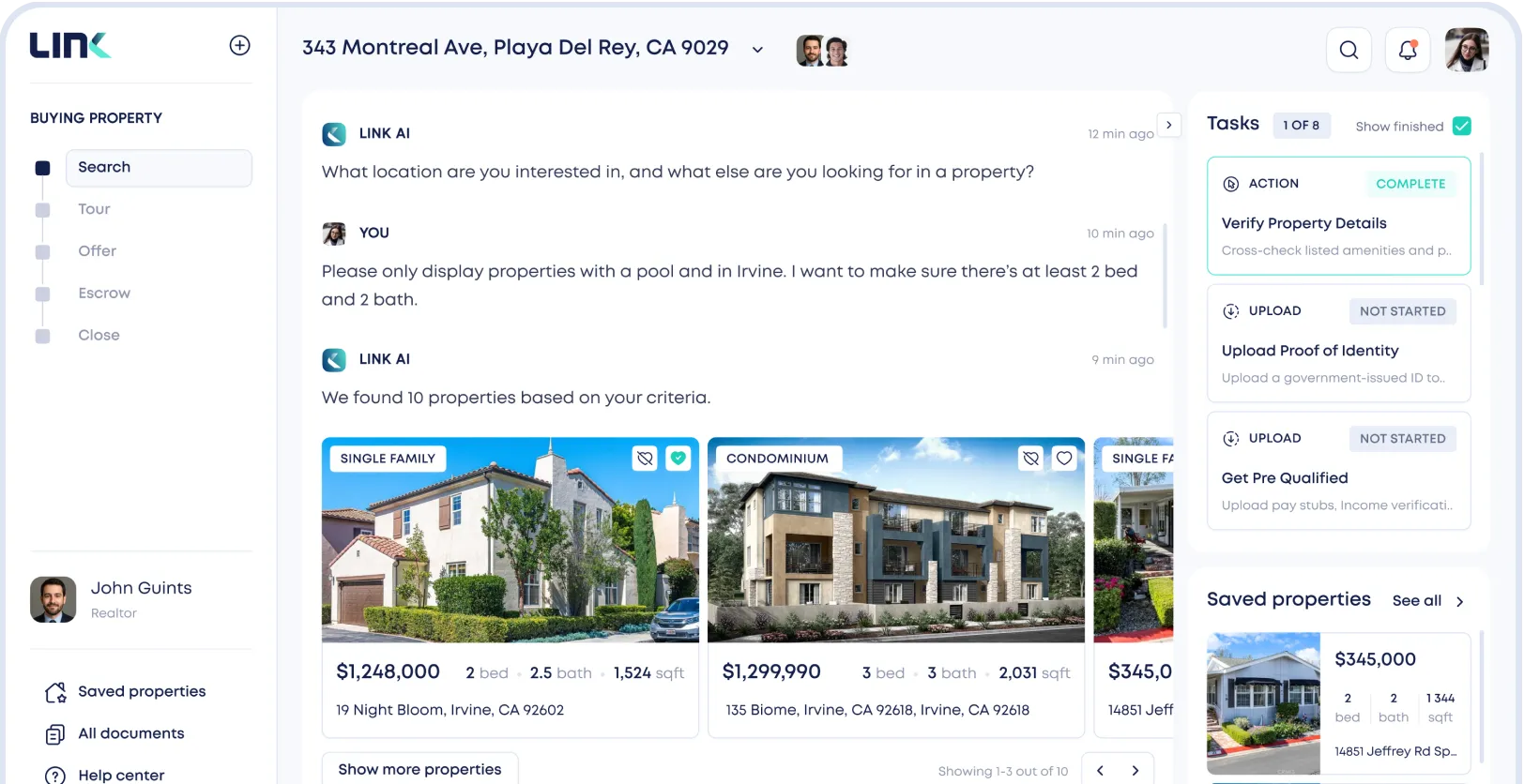 Real estate dashboard displaying filtered property listings in Irvine, with search criteria, tasks, and saved properties