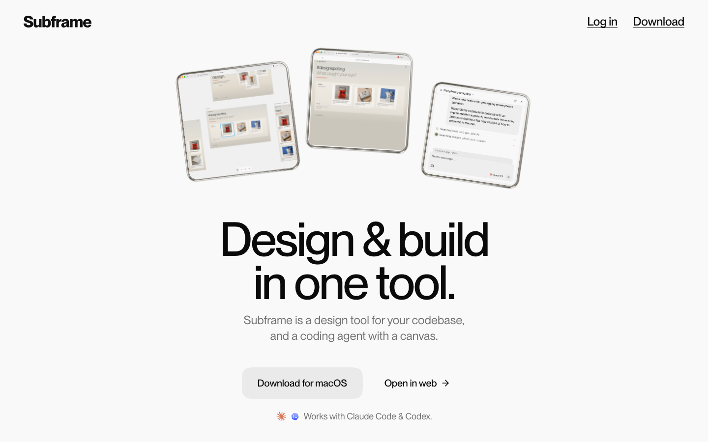 Subframe's homepage hero with the headline "Design & build in one tool." above Download for macOS and Open in web buttons.