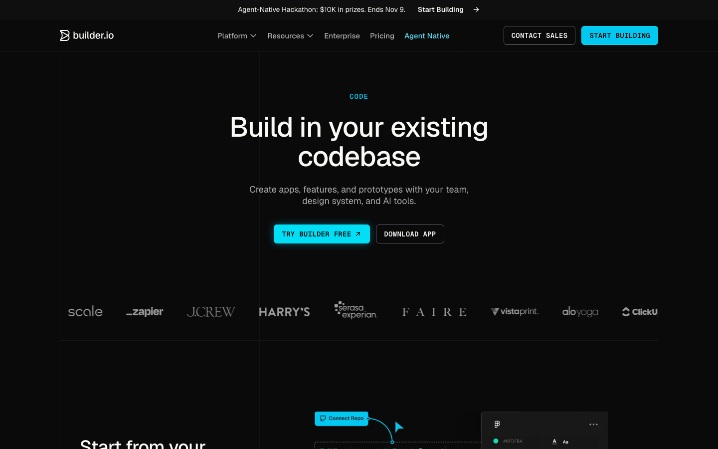 Builder.io Code product page hero reading "Build in your existing codebase" with customer logos below.