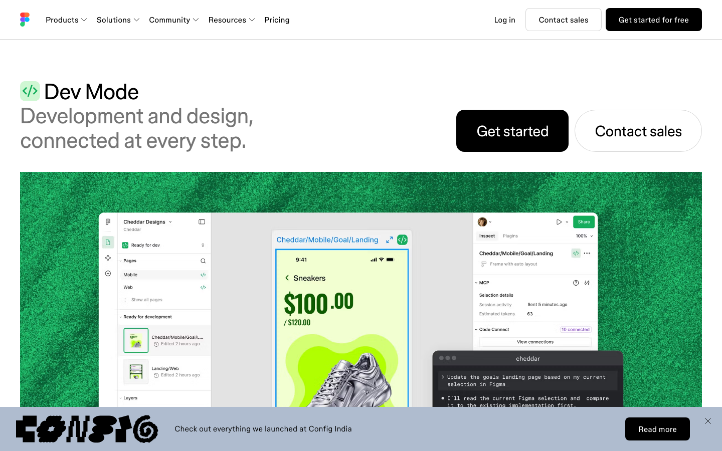 Figma Dev Mode page hero reading "Development and design, connected at every step." above a Dev Mode inspect panel mockup.