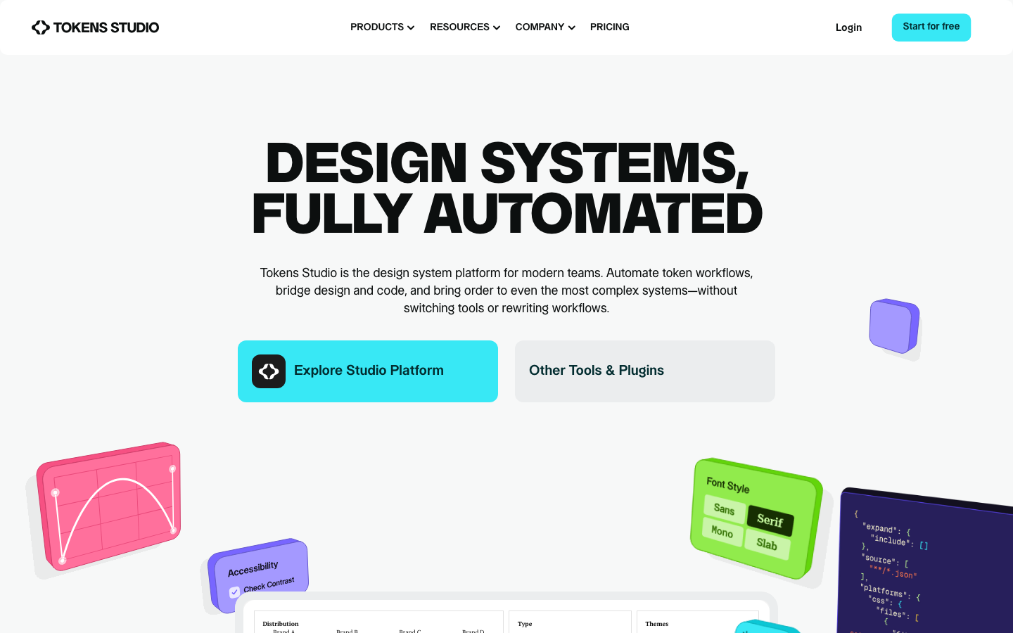 Tokens Studio homepage hero reading "Design systems, fully automated" with Explore Studio Platform and Other Tools & Plugins buttons.