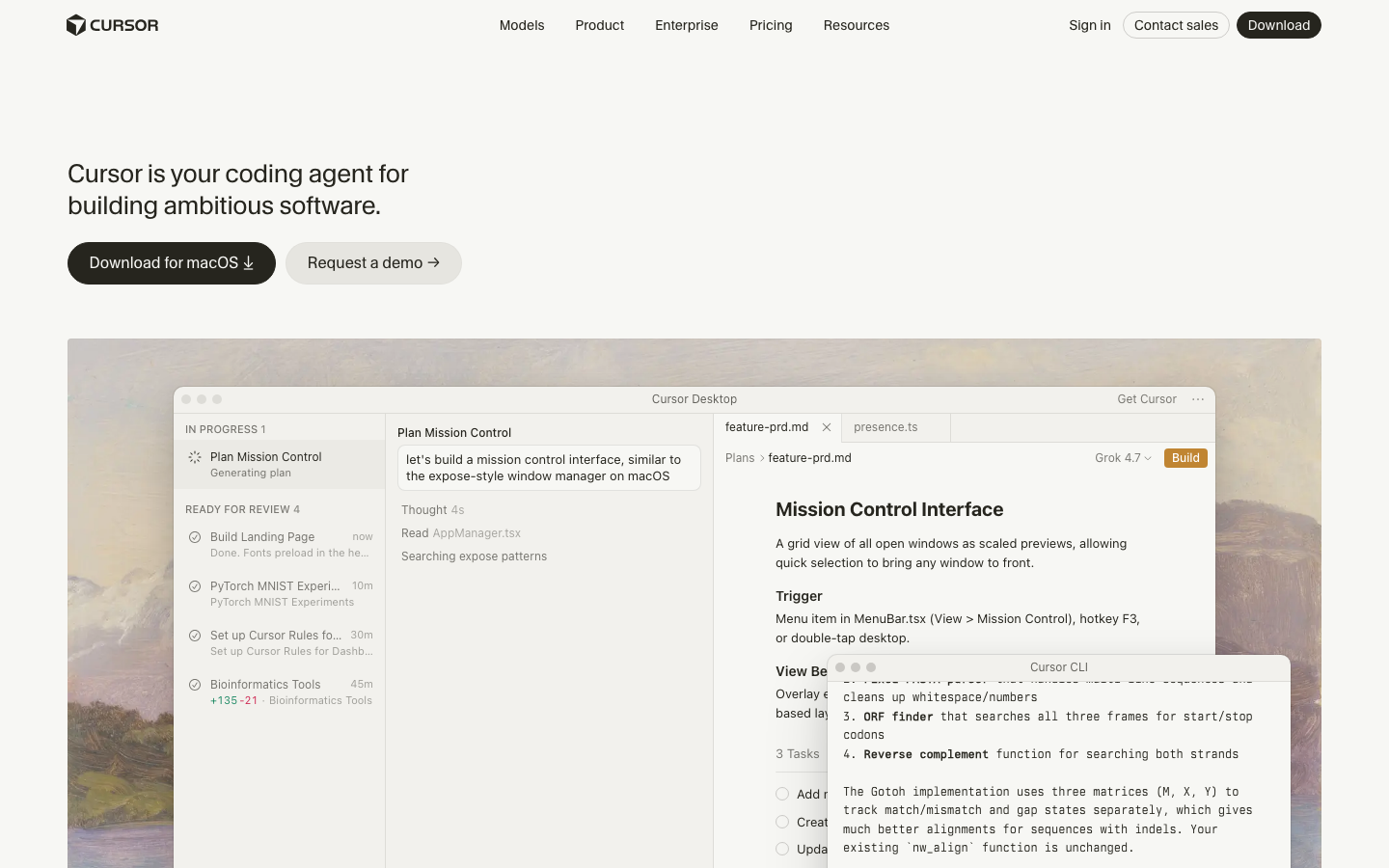 Cursor's homepage hero reading "Cursor is your coding agent for building ambitious software" above a screenshot of the Cursor Desktop app and CLI.