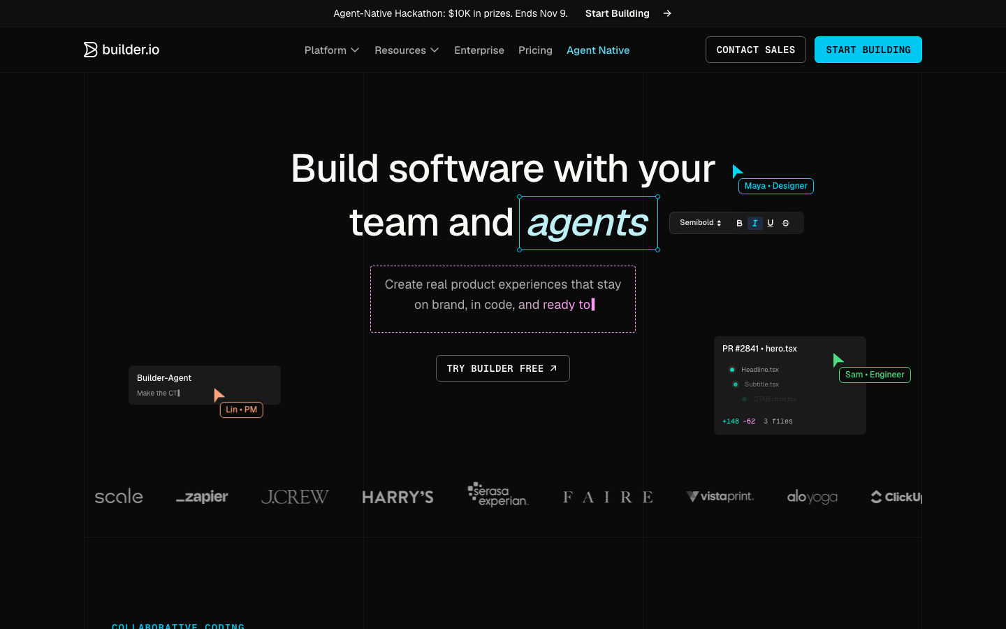 Builder.io's homepage hero reading "Build software with your team and agents" with collaborative cursor labels and customer logos.