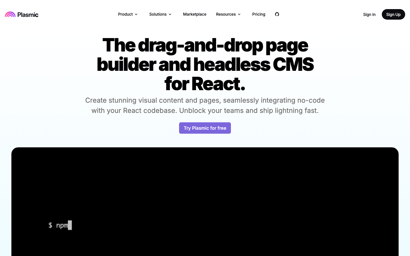 Plasmic's React page hero reading "The drag-and-drop page builder and headless CMS for React" with a Try Plasmic for free button.