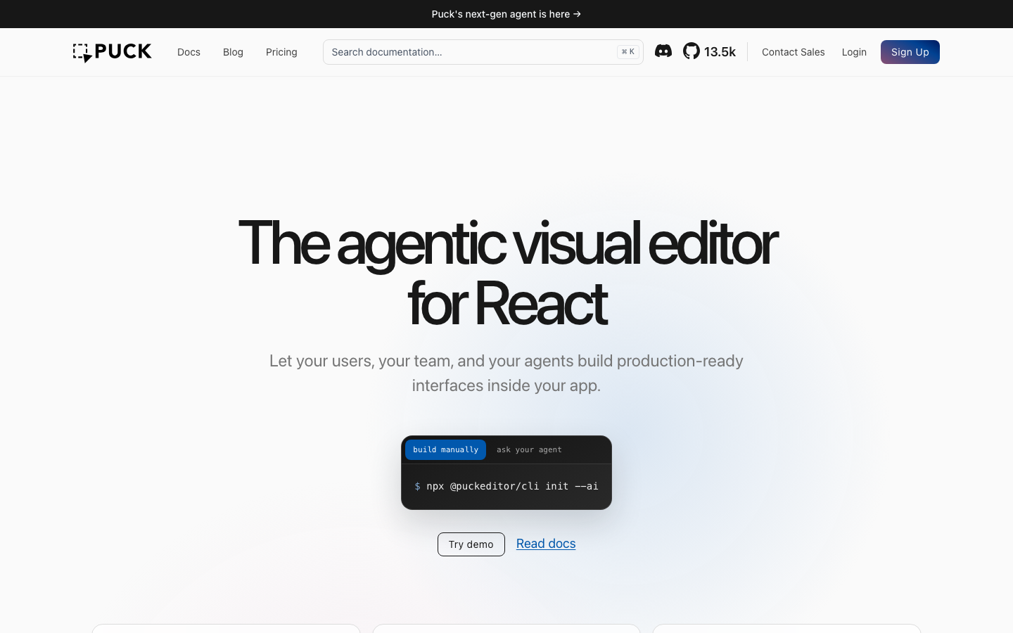 Puck's homepage hero reading "The agentic visual editor for React" with an npx install command and Try demo and Read docs links.