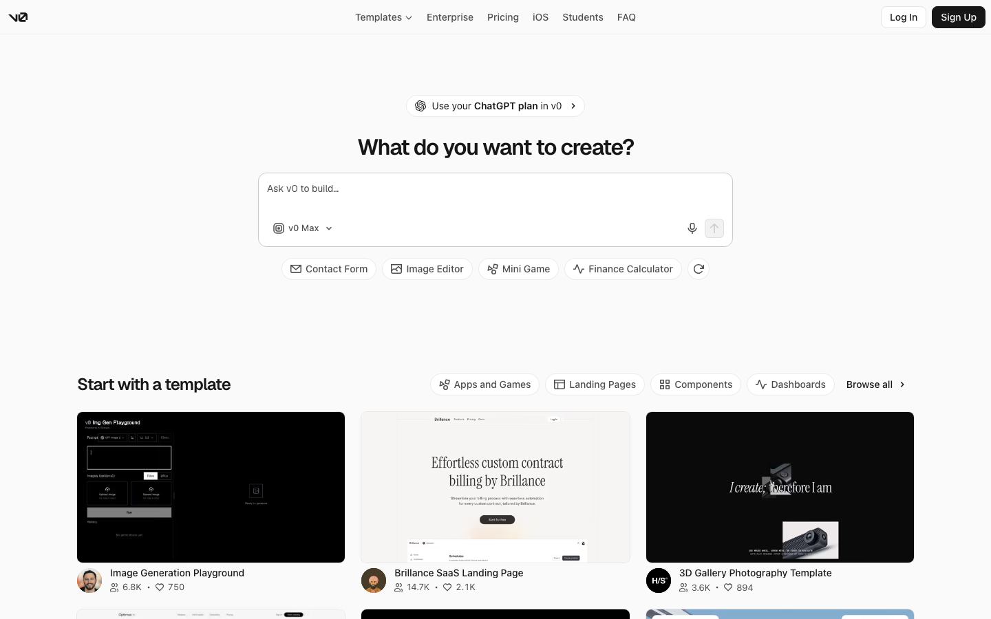 v0 homepage hero with the "What do you want to create?" prompt box, starter suggestions and a row of templates below.