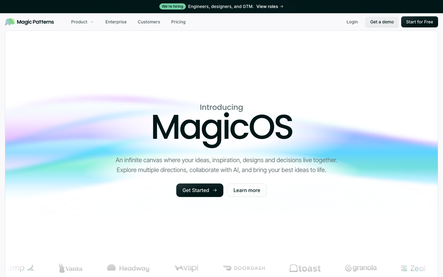 Magic Patterns homepage hero introducing MagicOS, an infinite canvas for ideas, designs and decisions, with Get Started and Learn more buttons.