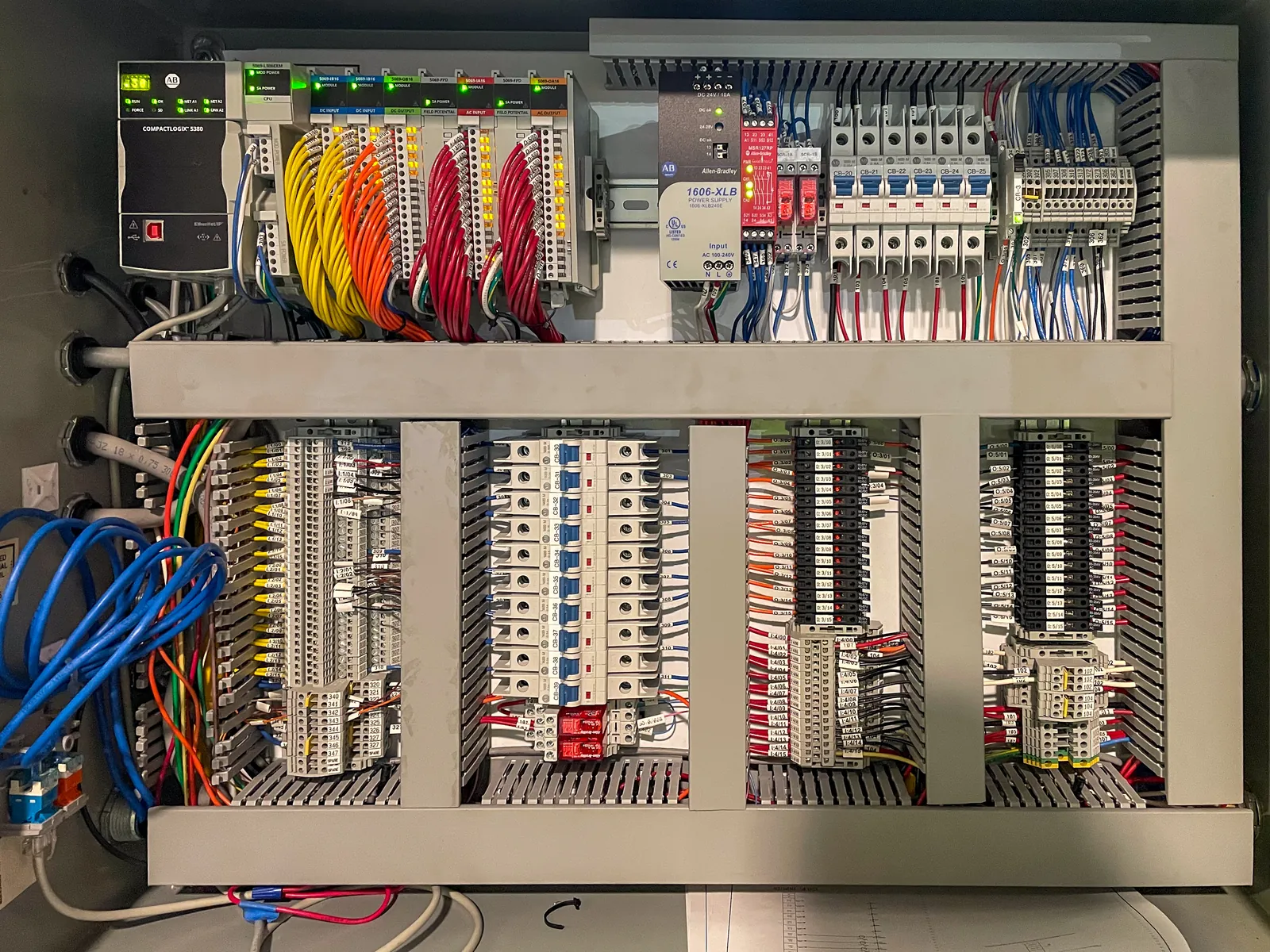 New subpanel after rebuild, with the replacement rack mounted and wiring run in duct.