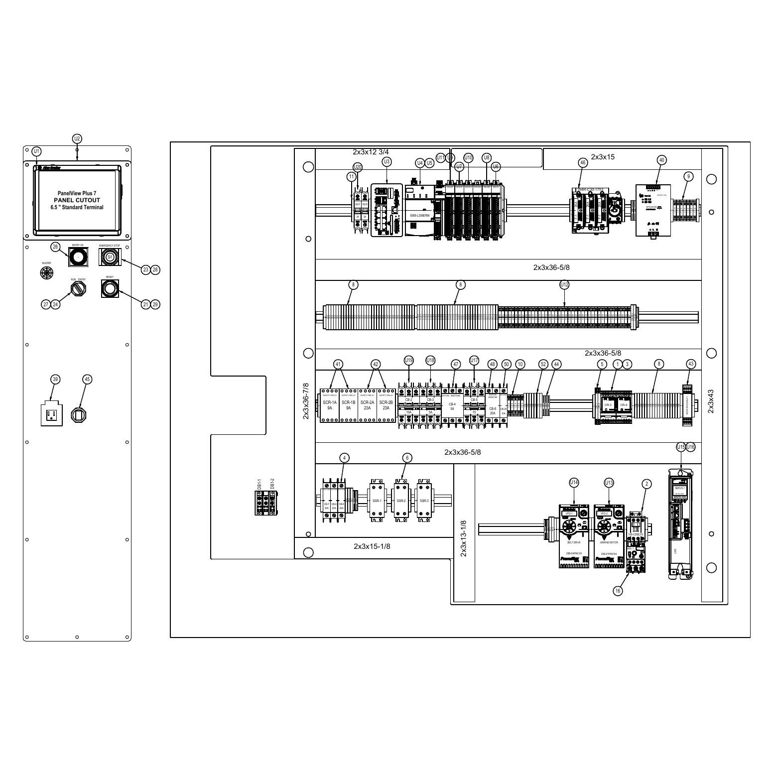 Simplified panel layout diagram showing enclosure, subpanel and component positions.