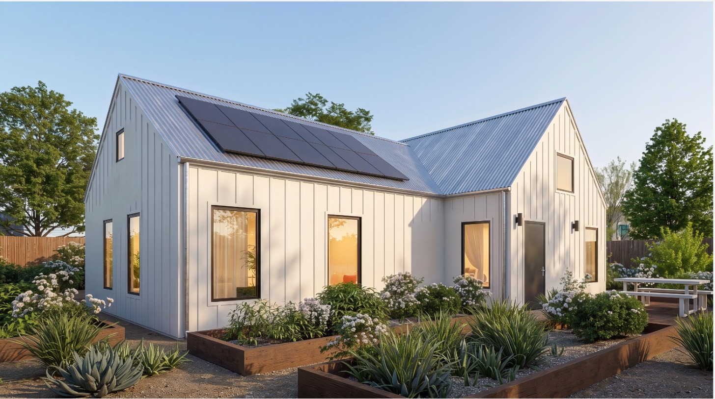 The Homestead 1200 with board and batten with corrugated roof