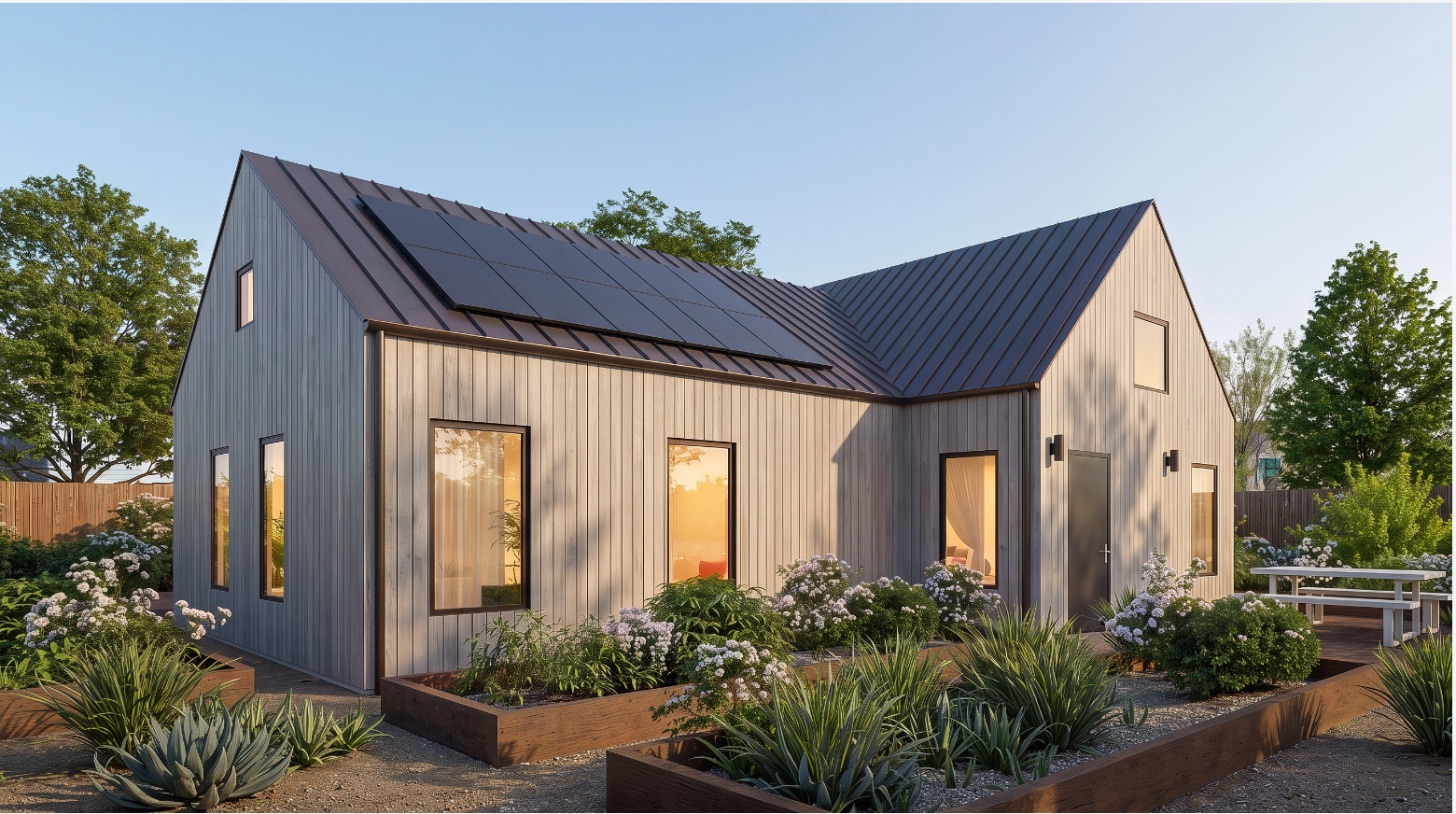 The Homestead 1200 with vertical wood siding