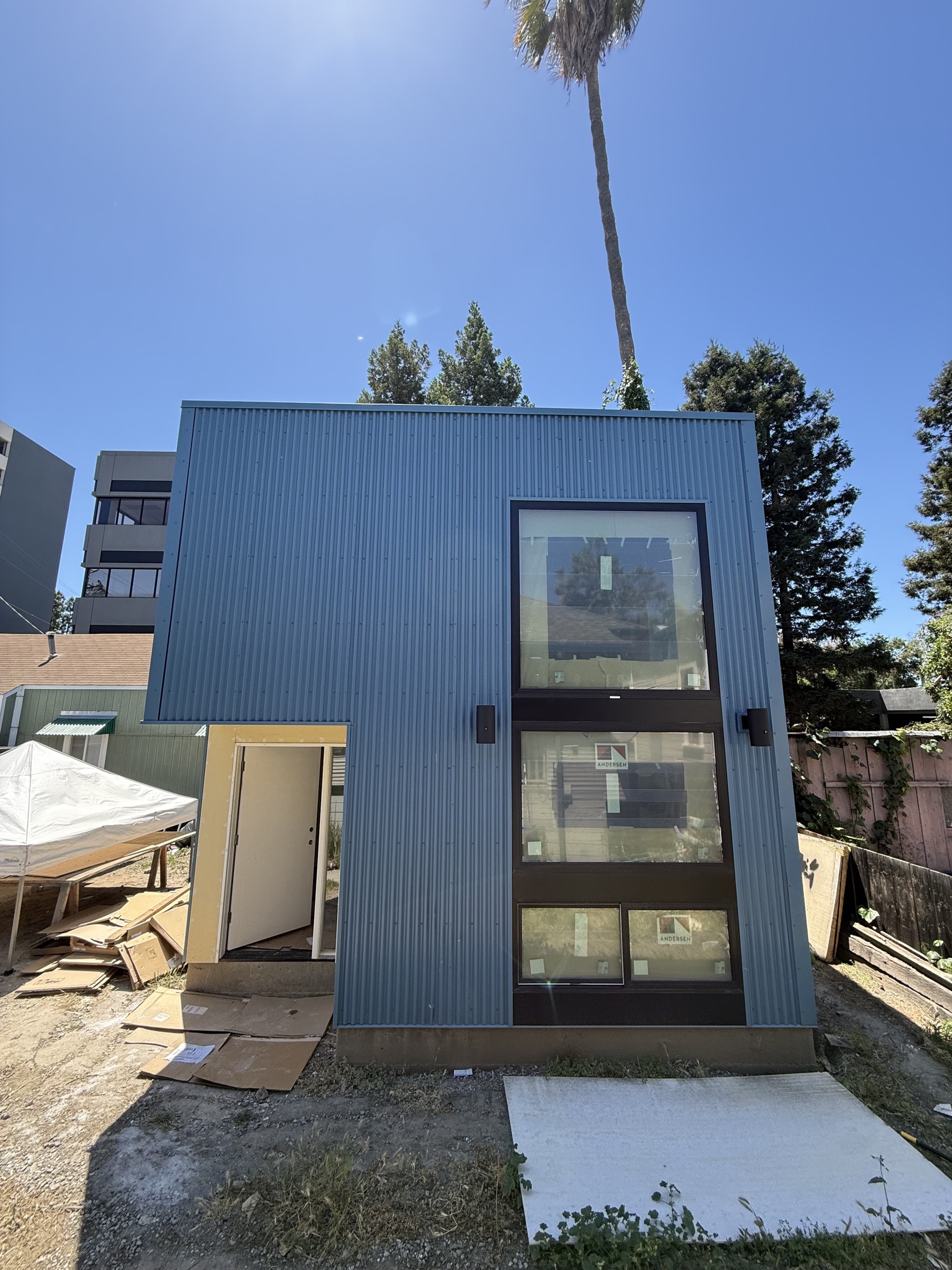 Large window wall on a two-story Loft 360 ADU during construction