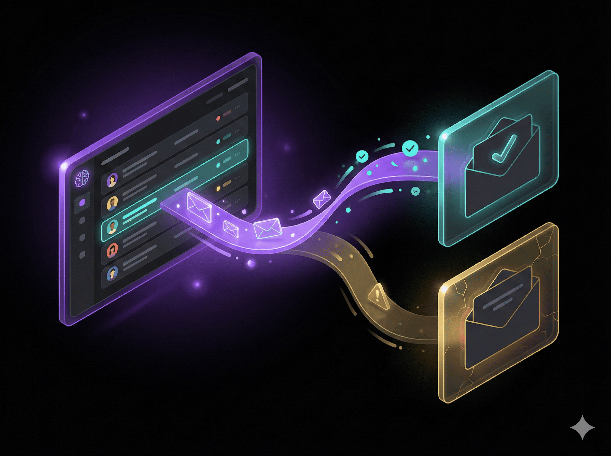 Illustration of AI-powered email outreach with domain risk warning, featuring CRM dashboard and split email delivery paths