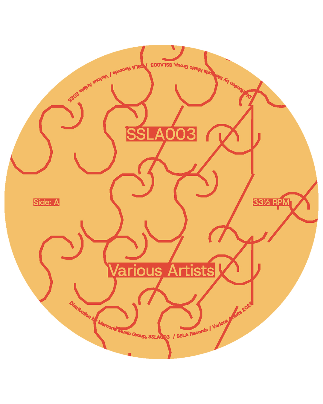 Teal album cover for SSLA 002 with a vinyl record in space and tracklist details.