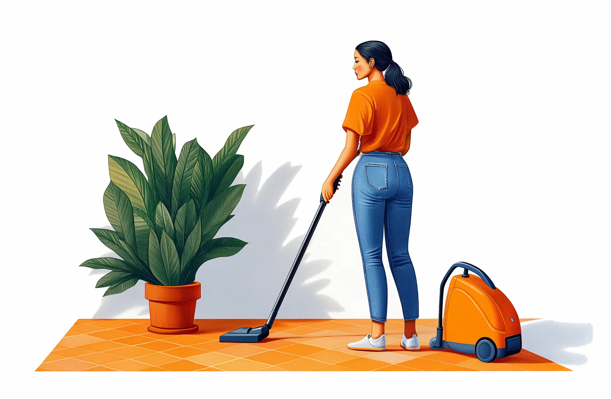 An image of a woman, vacuuming a carpet, she's wearing a branded orange tee, and jeans.