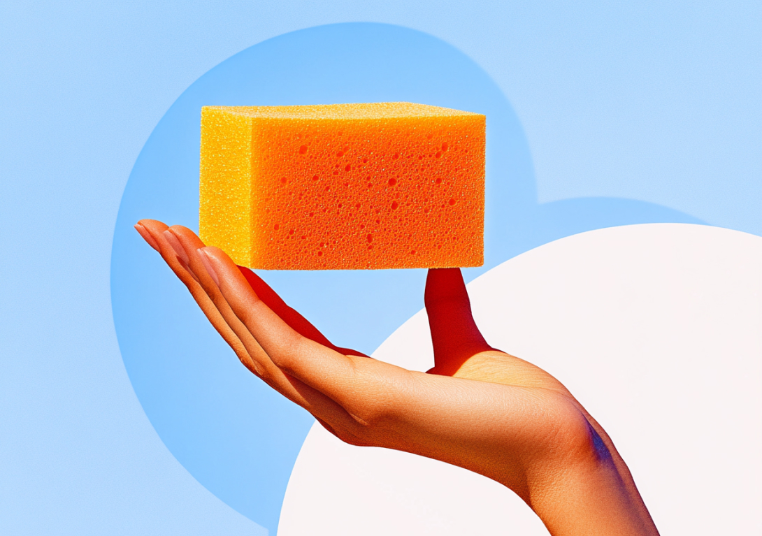 A vibrant image of a person holding an orange sponge.