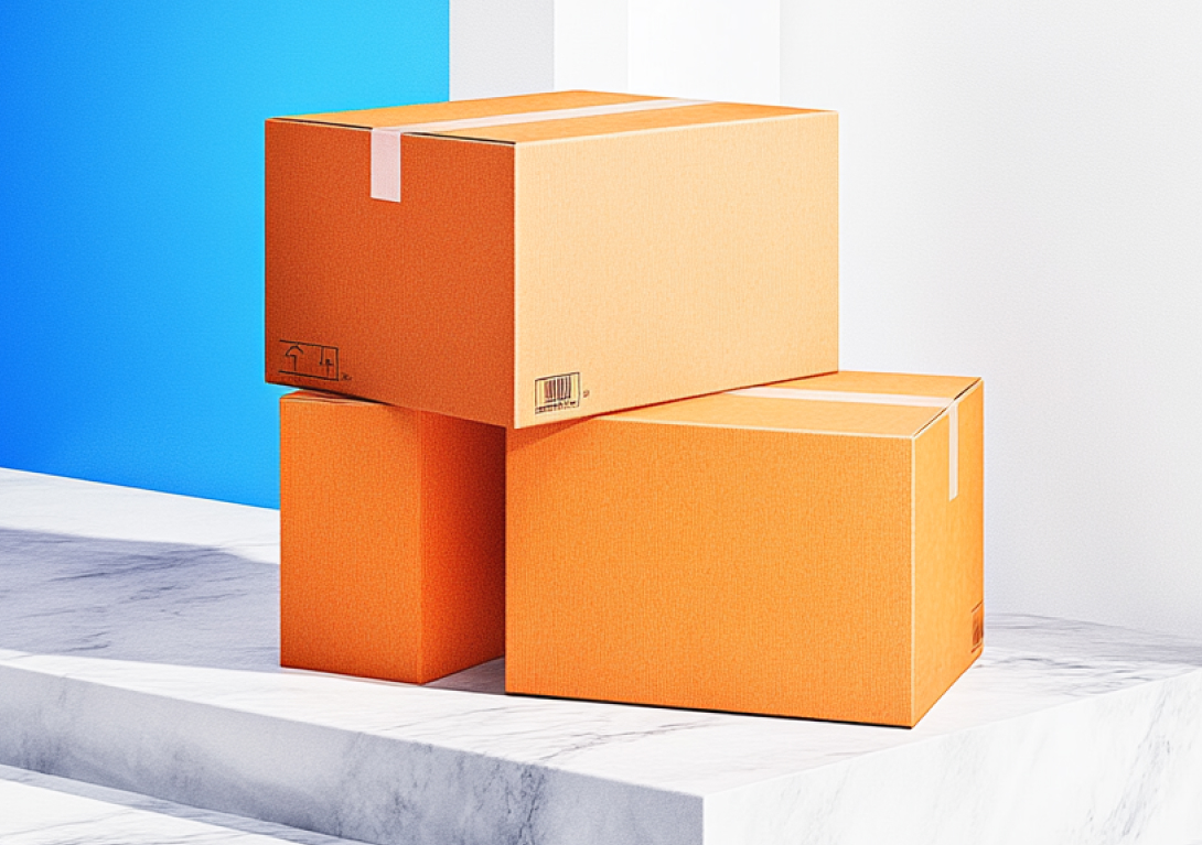 A vibrant image of 3 moving boxes in front of a door, with marble floors and blue bg.