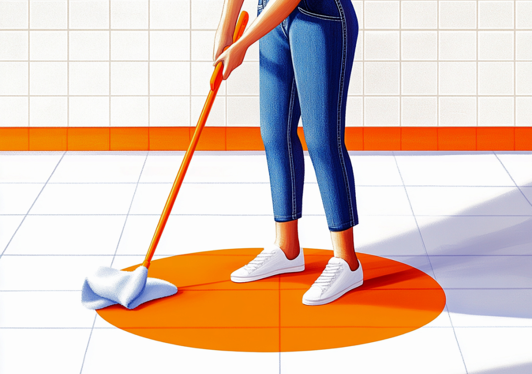 An image of a woman, mopping a tile floor, she's wearing a branded orange tee, and jeans.