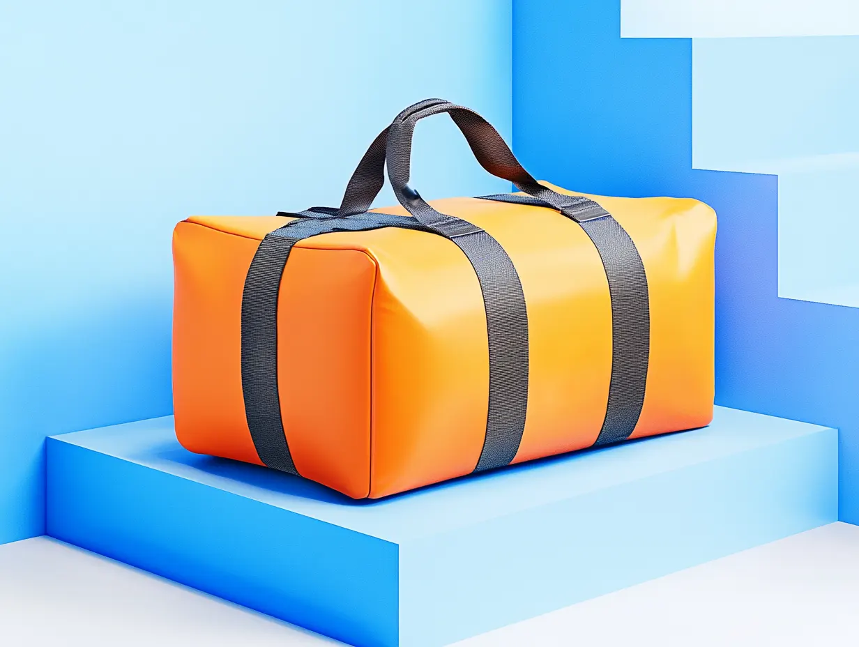 An illustration of an orange travel bag, sitting on a blue slab