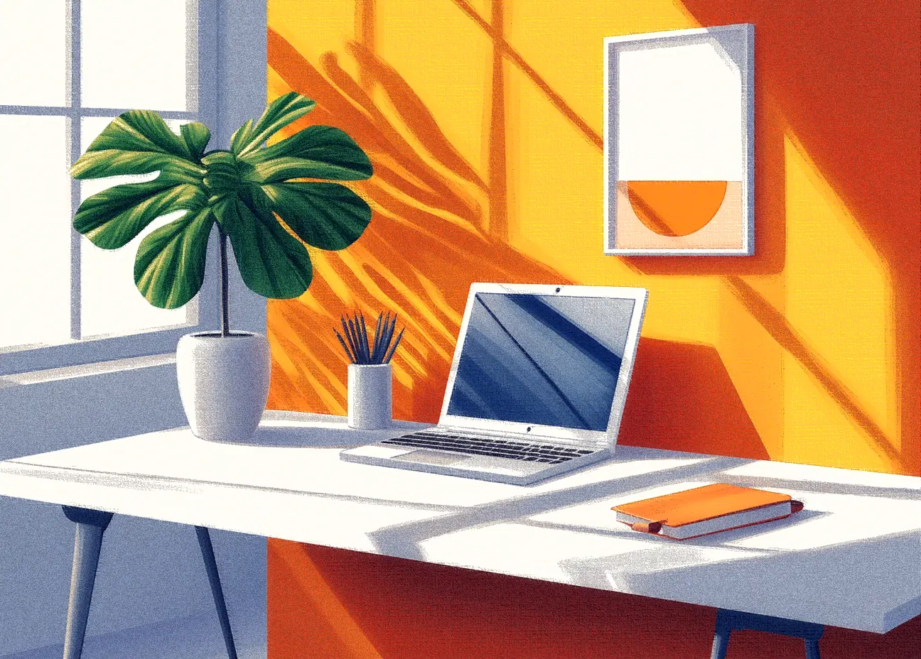An illustration of a clean workstation, orange wall with a laptop on a white table