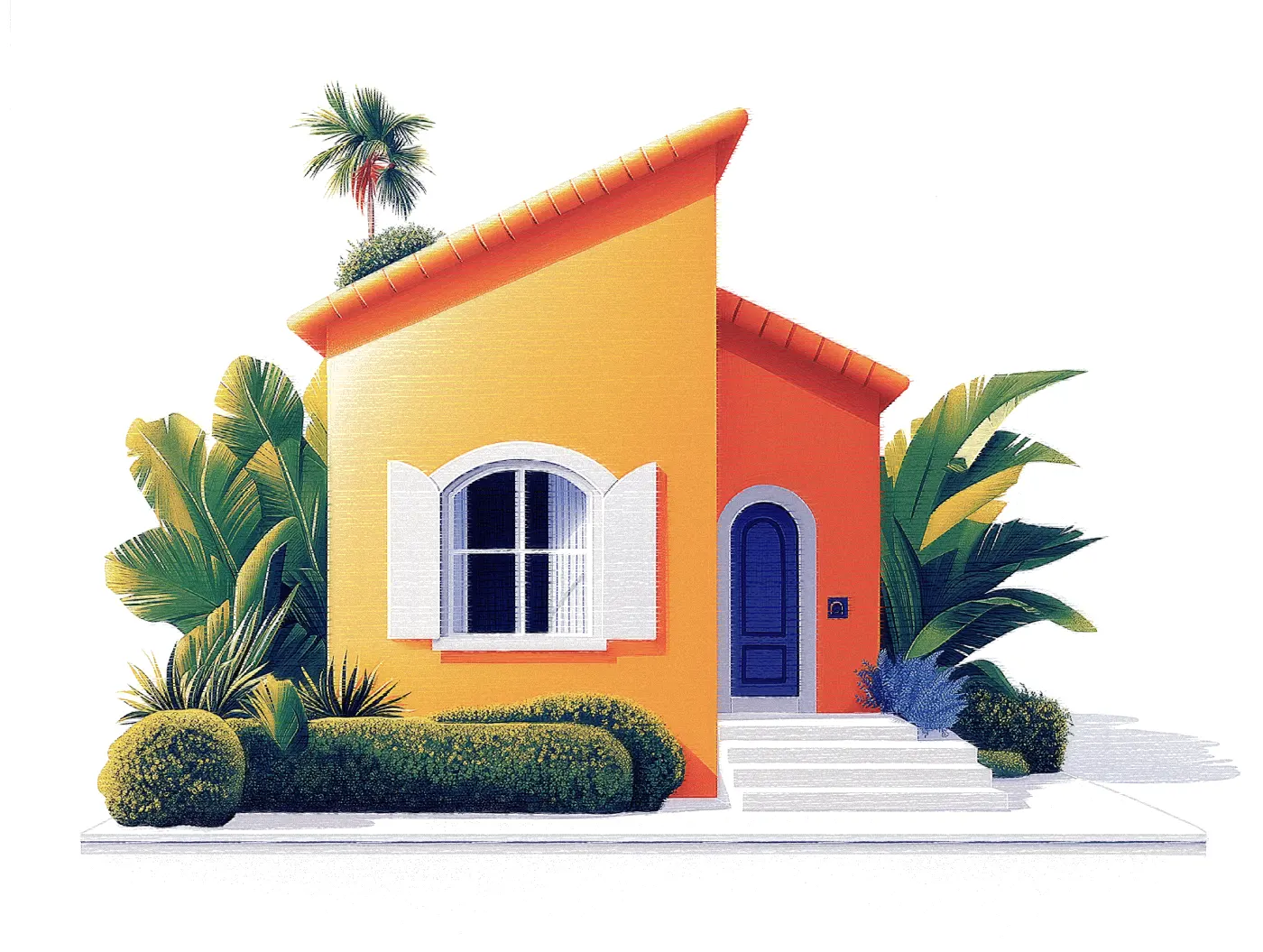 An image of a beautiful clean orange house, slanted roofs