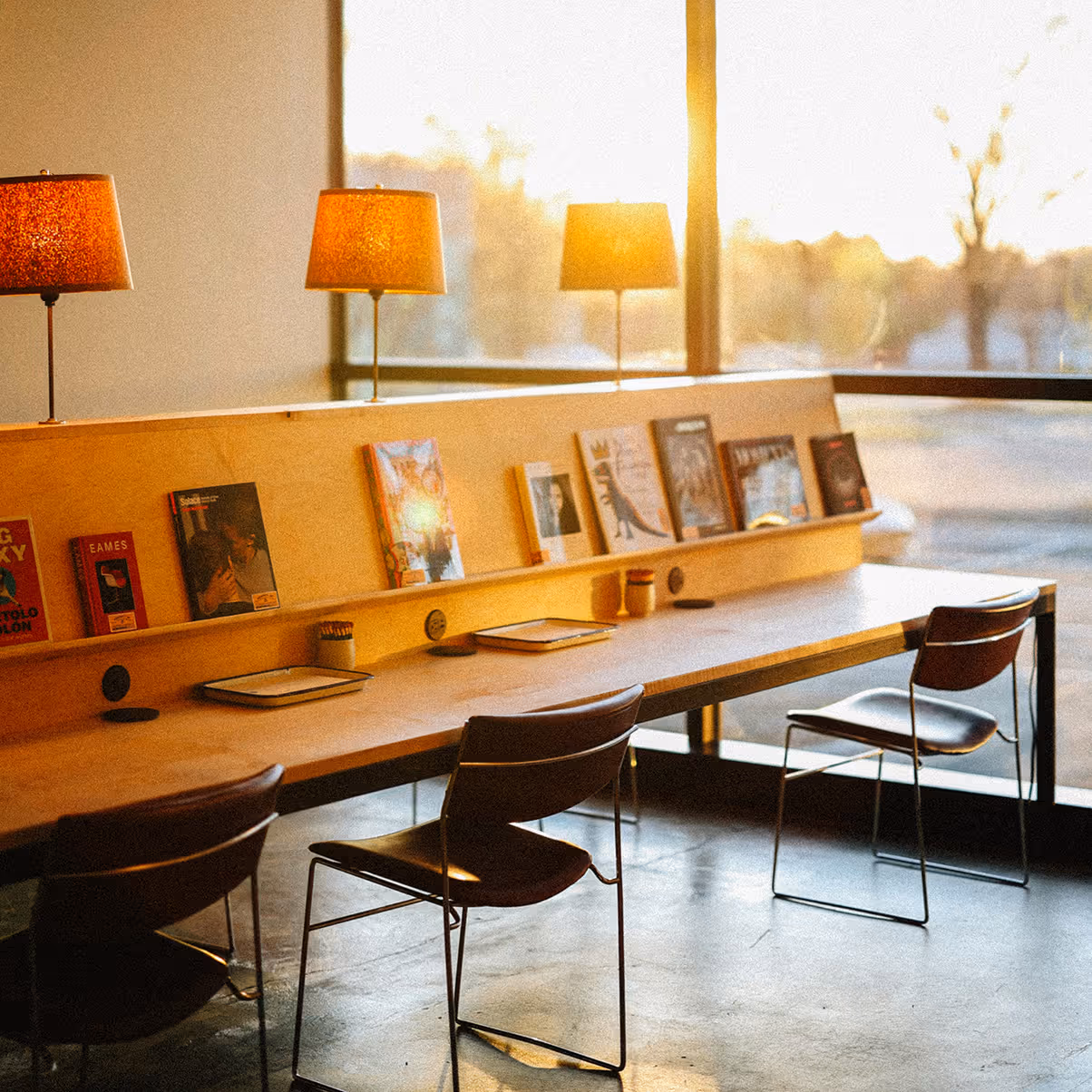 An empty office room in golden sunlight
