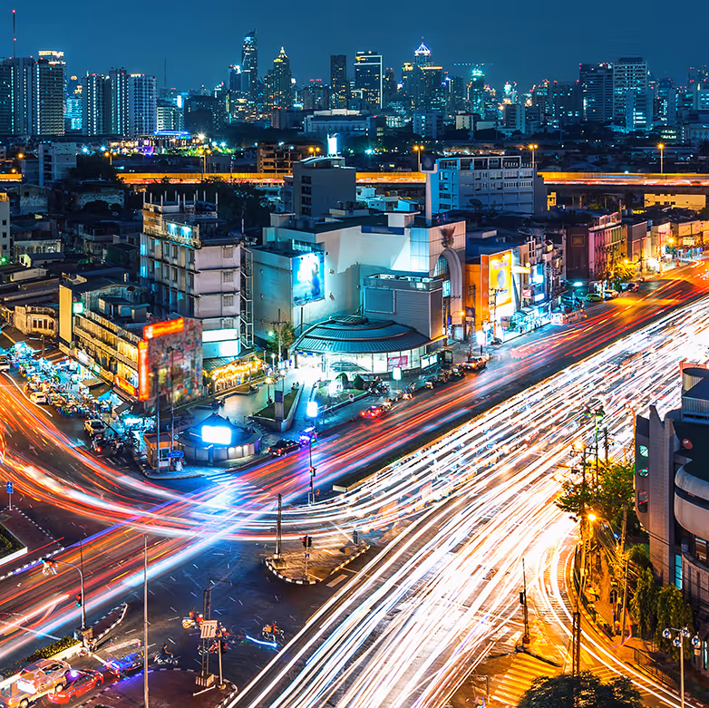 A busy highway at night.