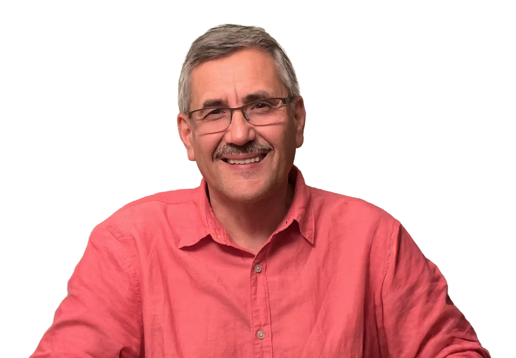 A man wearing a tangerine buttoned shirt