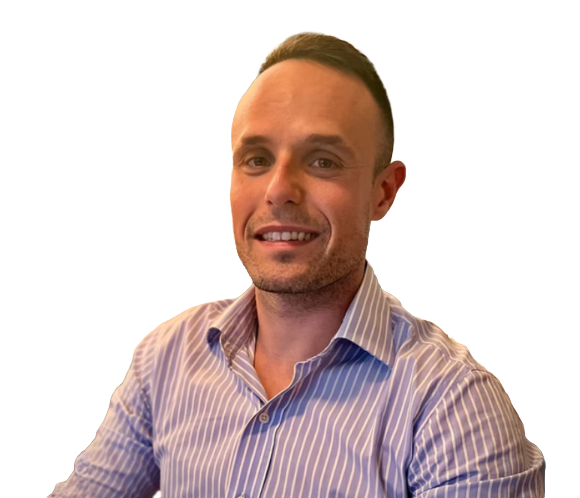 A man wearing a purple buttoned shirt